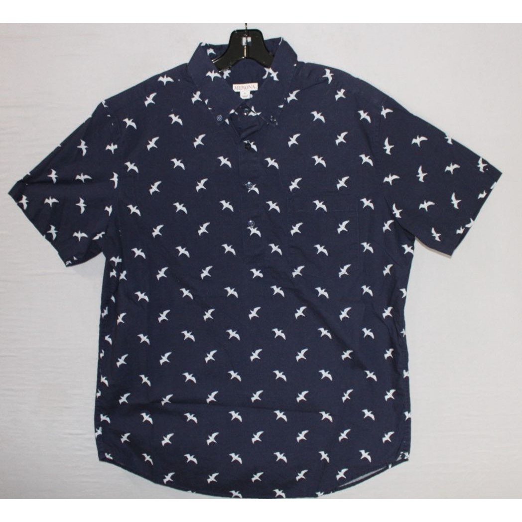 Merona All Over Bird Print Large Blue Button Down Short Sleeve Casual